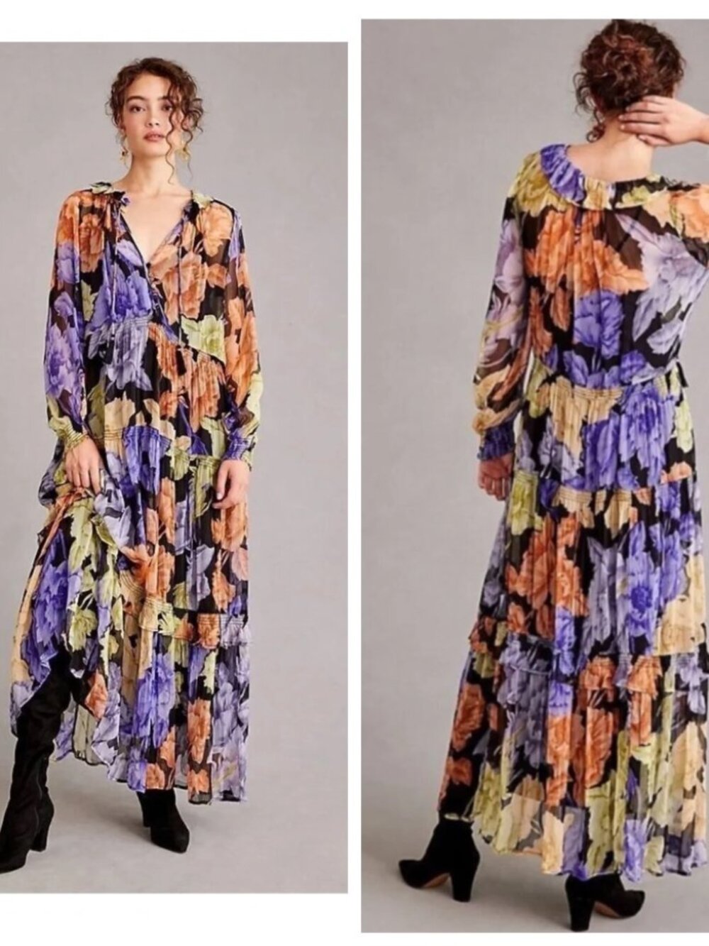 By Anthropologie The Marais Printed Chiffon Maxi Dress Purple Floral